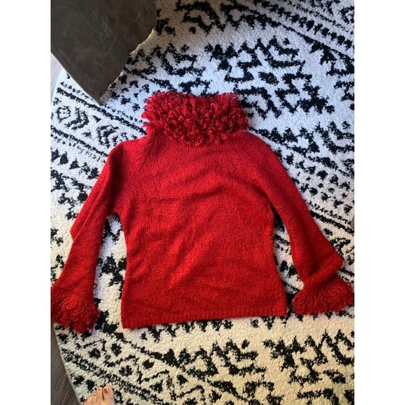 Gorgeous holiday lana wool red fringe turtleneck sweater boutique Christmas - Picture 9 of 11